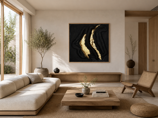 Narben aus Licht — Skulpturales Wandbild in Schwarz & Gold
