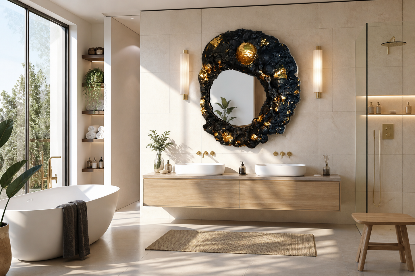 Cycle d’Or — Skulpturaler Spiegel in Schwarz & Gold