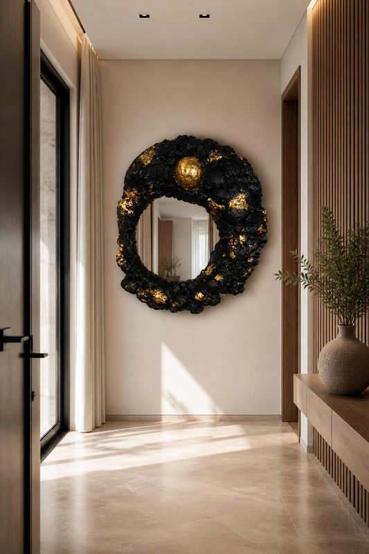 Cycle d’Or — Skulpturaler Spiegel in Schwarz & Gold