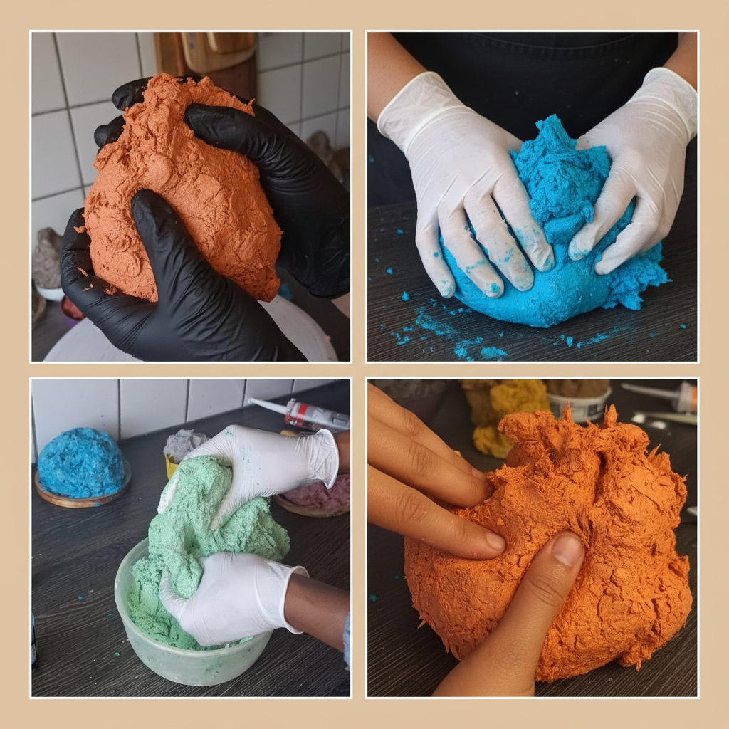 Kinder modellieren bunte Papiermasse mit den Händen – kreatives Pappmaché-Atelier